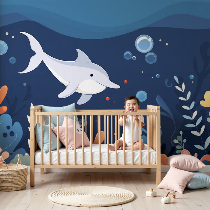 Kinderzimmer Tapete | Delfin und bunte Unterwasserwelt
