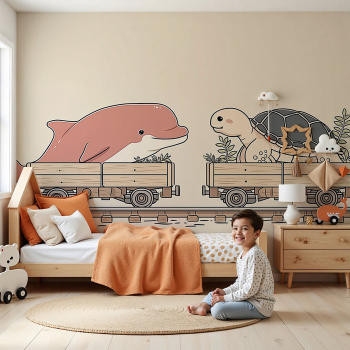 Papier peint chambre enfant | Dauphin et tortue en voyage
