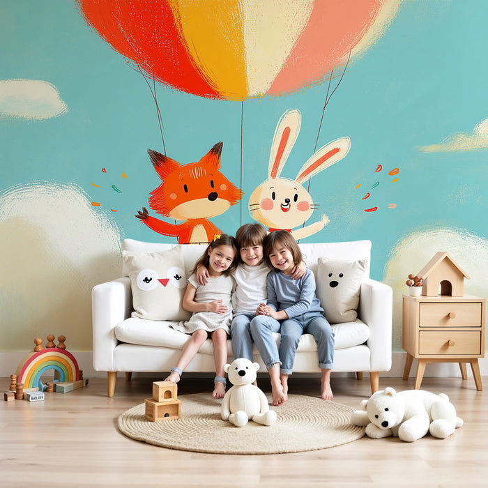 Kids room wallpaper | Hot air balloon design with a fox and a rabbit