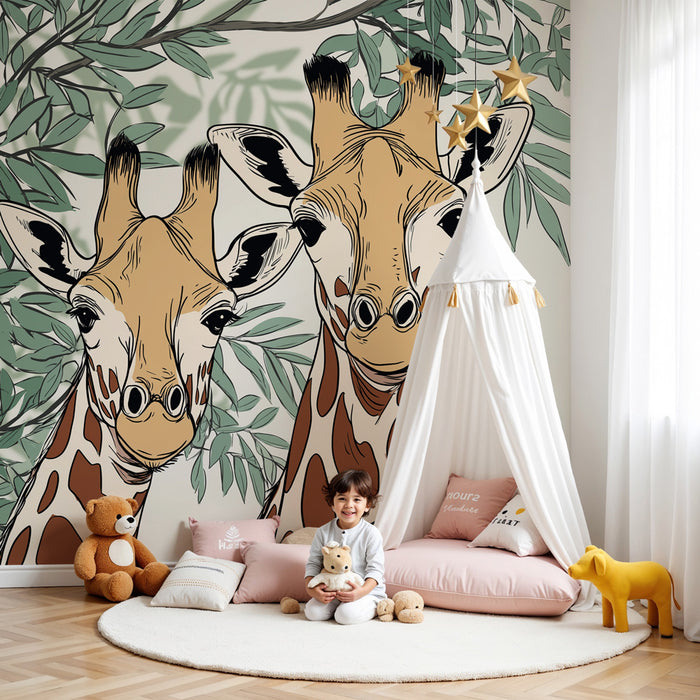 Kids room wallpaper | Two friendly giraffes under the foliage