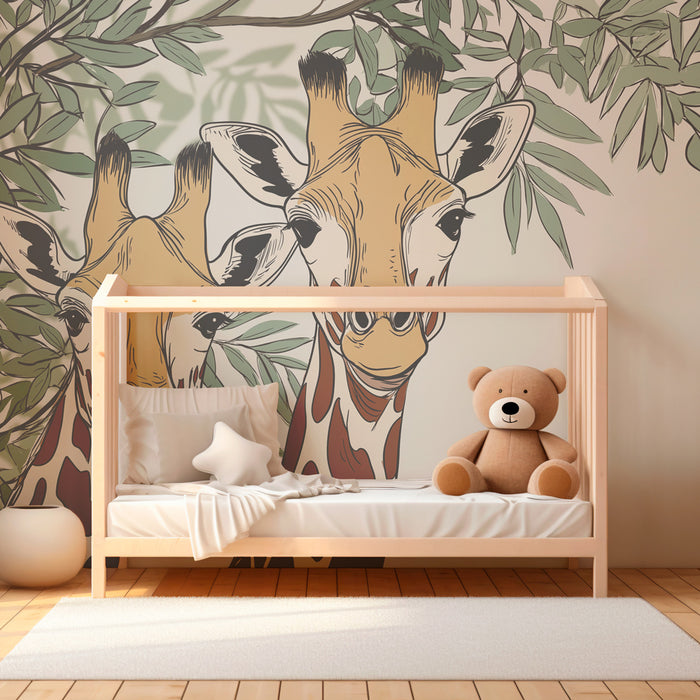Papel de parede criança | Dois girafas amigáveis sob as folhagens