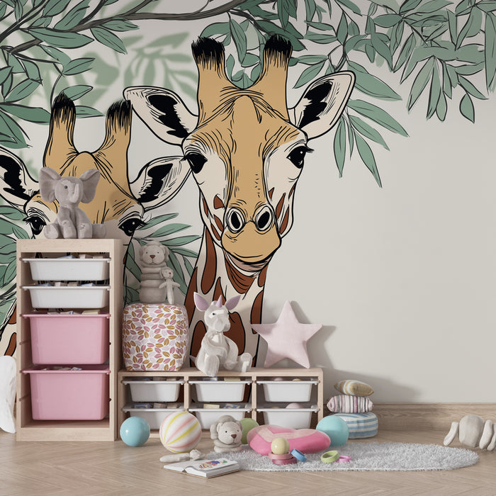 Papel de parede criança | Dois girafas amigáveis sob as folhagens