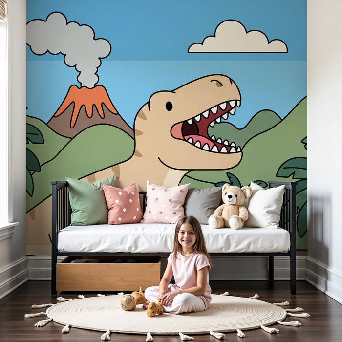Kids room wallpaper | Dinosaur happy in a prehistoric landscape