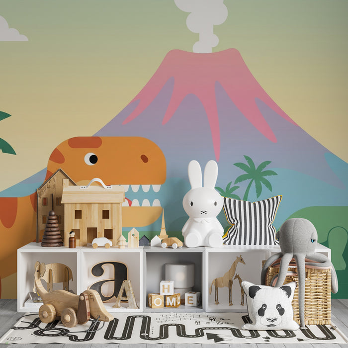 Kids room wallpaper | Dinozaver in vulkan ob sončnem zahodu