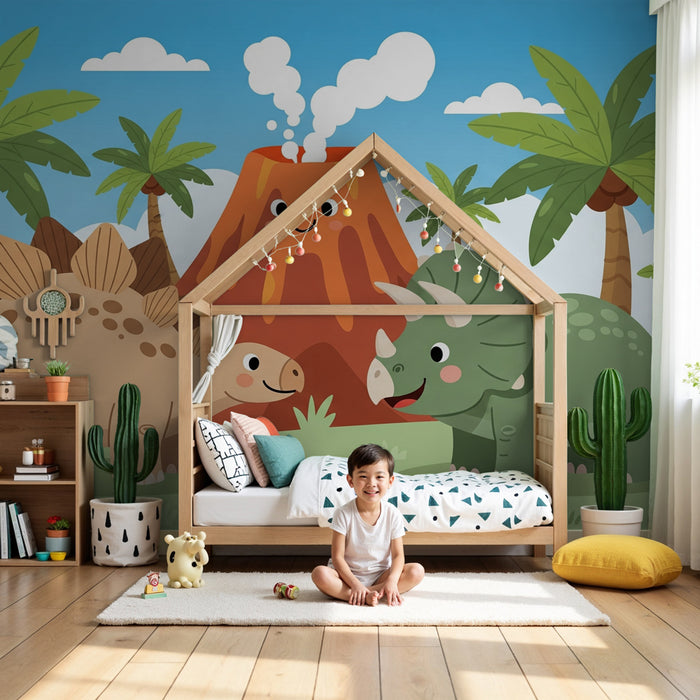Papier peint chambre enfant | Dinosaure et volcan joyeux
