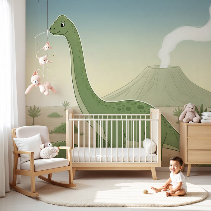 Papier peint chambre enfant | Dinosaure joyeux dans un paysage préhistorique