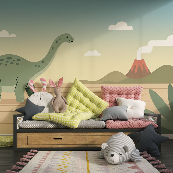 Papier de parede dječje sobe | Sretan dinosaurus i vulkan