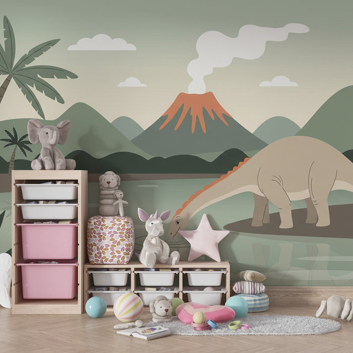 Kinderkamer behang | Majestikozni dinozaver in prazgodovinska pokrajina