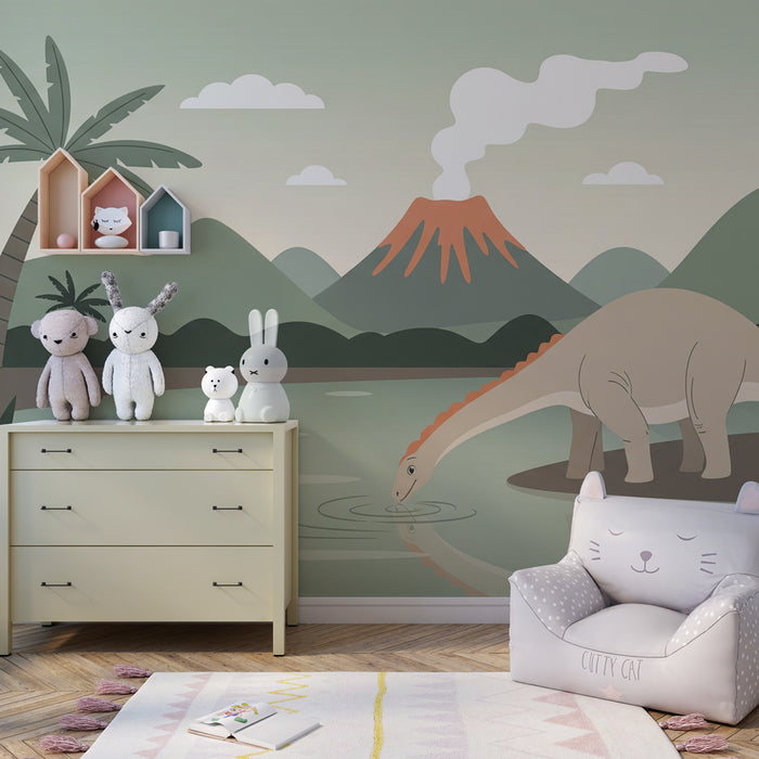 Kinderkamer behang | Majestikozni dinozaver in prazgodovinska pokrajina