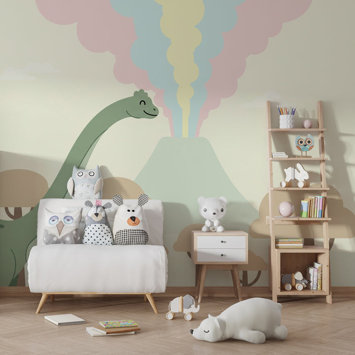 Kinderzimmer Tapete | Dinosaurier und vulkanische Landschaft