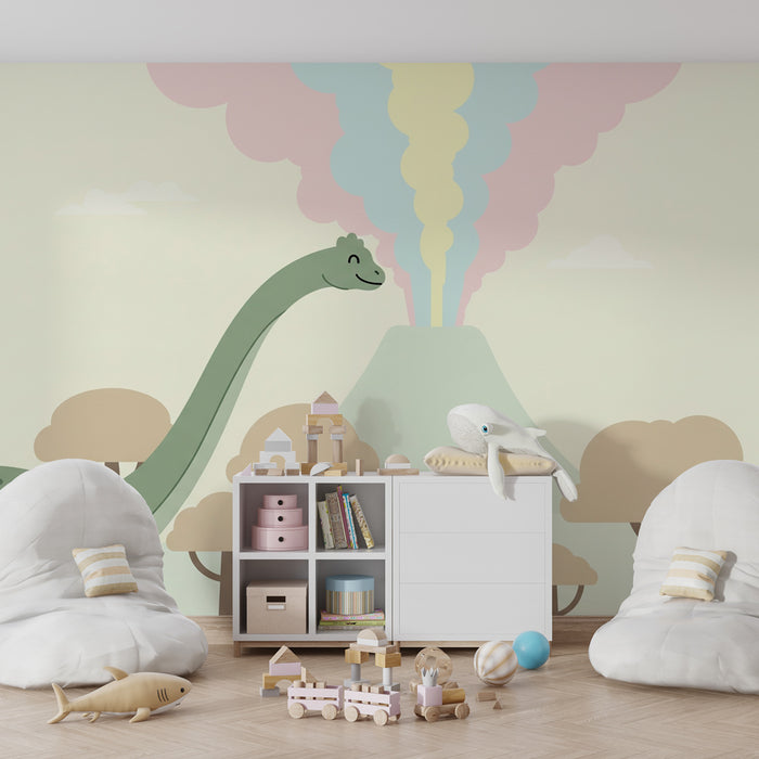 Kinderzimmer Tapete | Dinosaurier und vulkanische Landschaft