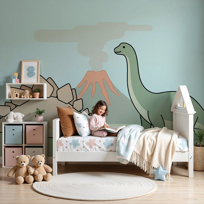 Kids room wallpaper | Dinosaurs and volcano