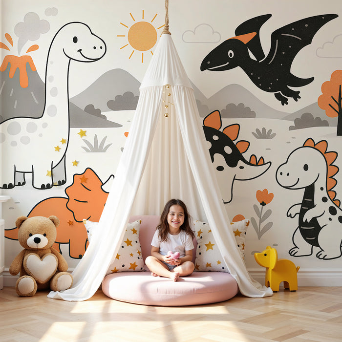Papier peint chambre enfant | Dinosaures joyeux dans un paysage préhistorique