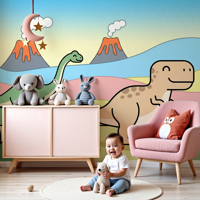 Papier peint chambre enfant | Dinosaures joyeux en pleine nature