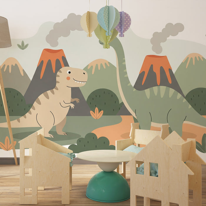 Papier de parede za otroško sobo | Barviti dinozavri in vulkani