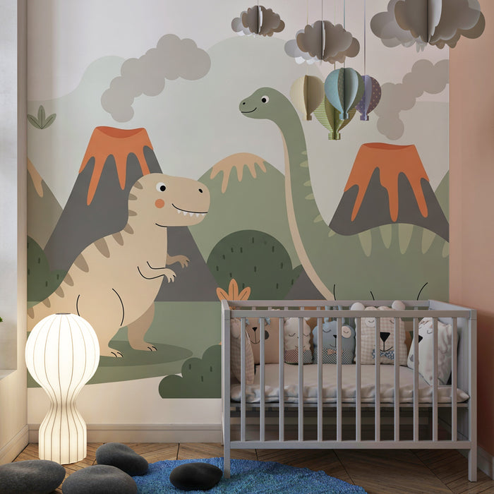 Papier de parede za otroško sobo | Barviti dinozavri in vulkani