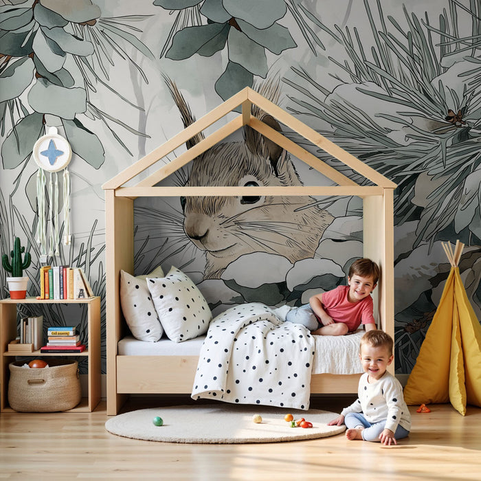 Kinderkamer behang | Nieuwsgierige eekhoorn in de sneeuw