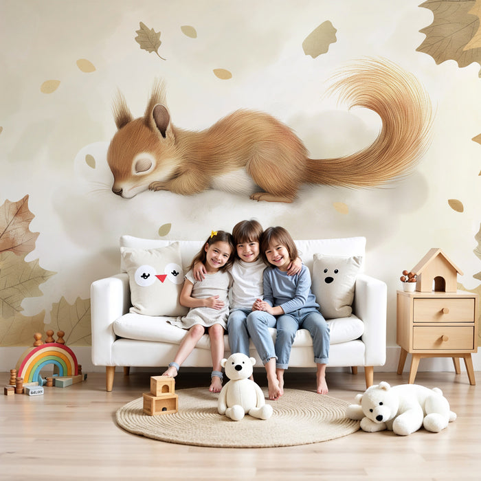 Papel pintado infantil | Ardilla durmiendo en una nube