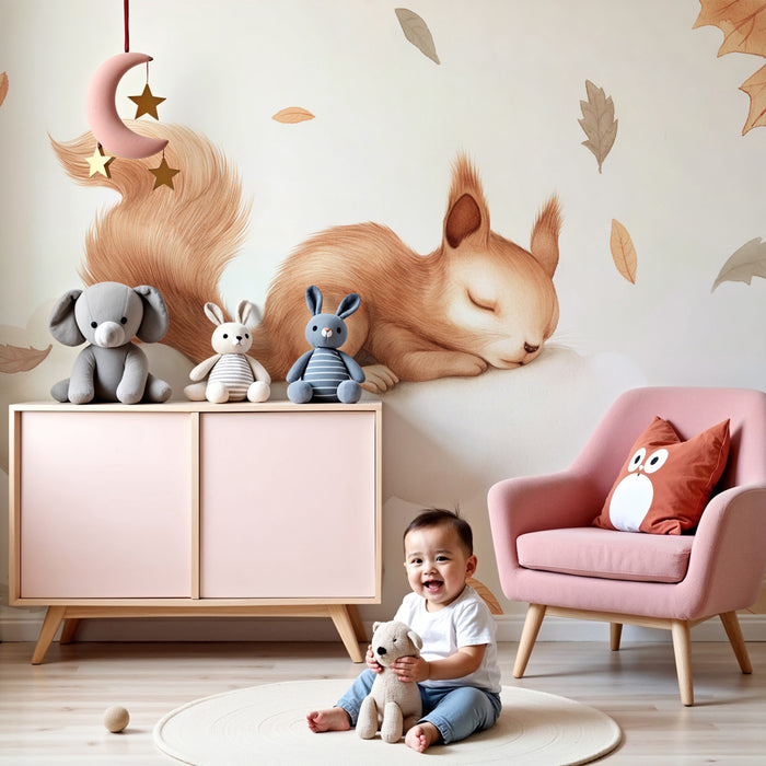 Papier peint chambre enfant | Écureuil endormi sur un nuage d'automne