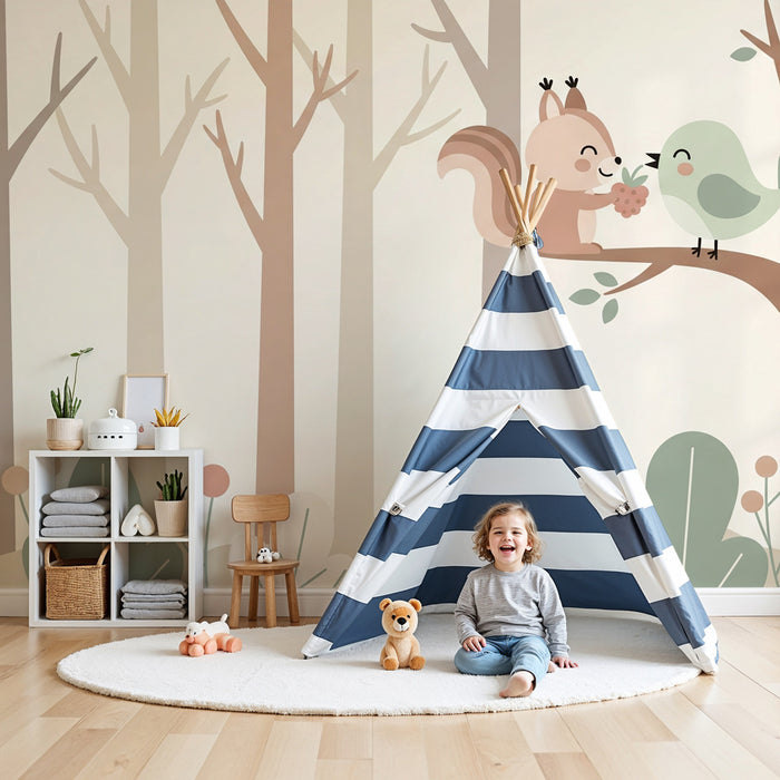 Papel pintado infantil | Ardilla y pájaro en el bosque