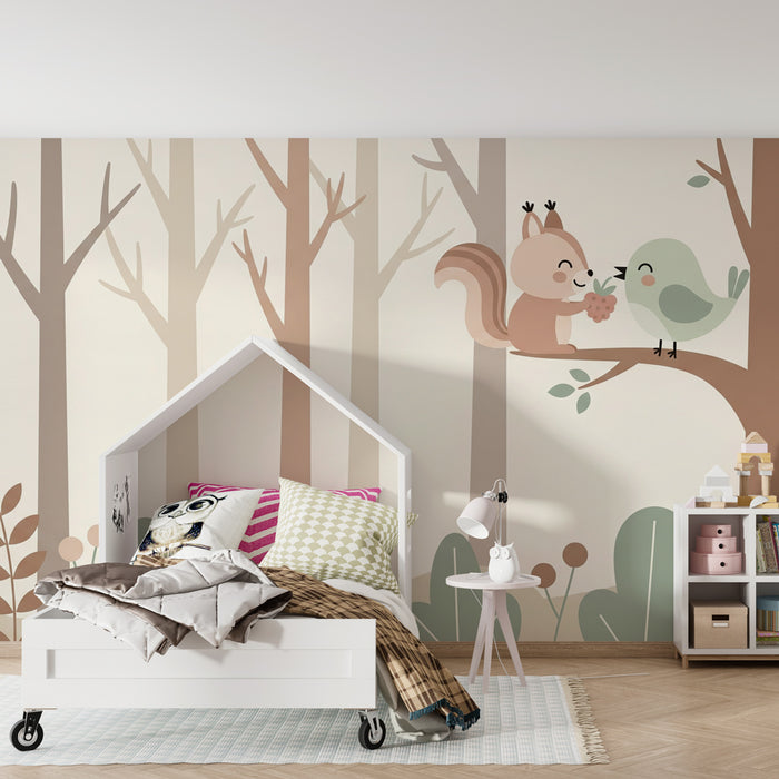 Papel pintado infantil | Ardilla y pájaro en el bosque