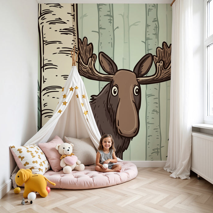 Papel pintado infantil | Élan curioso entre los árboles