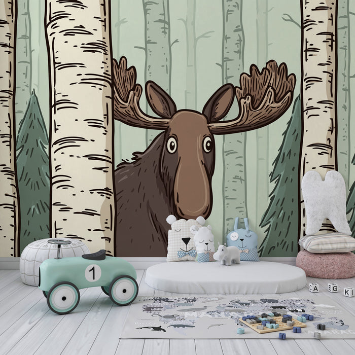 Papel pintado infantil | Élan curioso entre los árboles