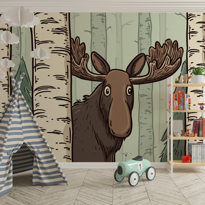 Papel pintado infantil | Élan curioso entre los árboles