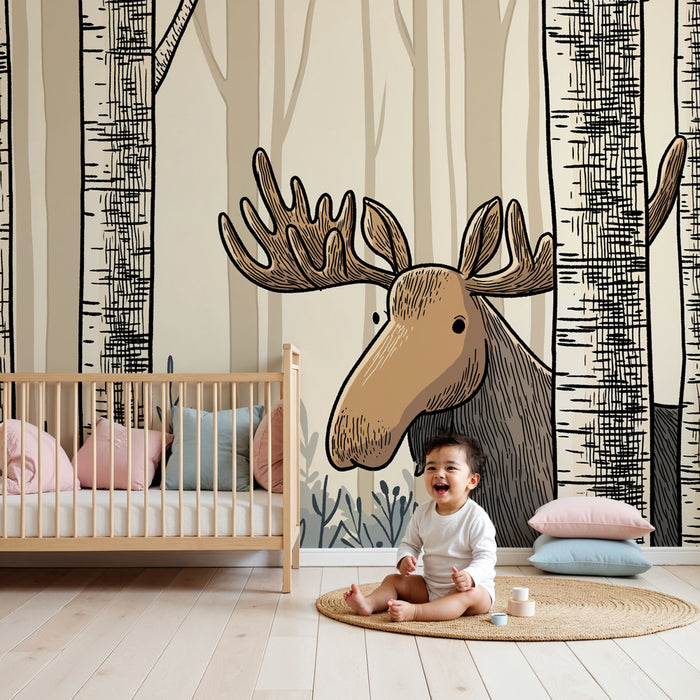 Papel pintado infantil | Ciervo y bosque tranquilo