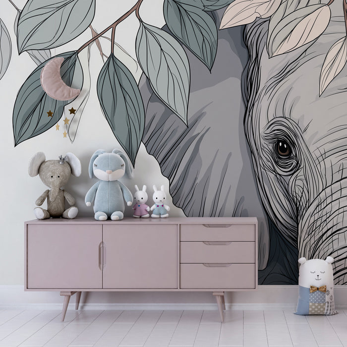 Børneværelse tapet | Elefant elegance og beroligende løvwerk