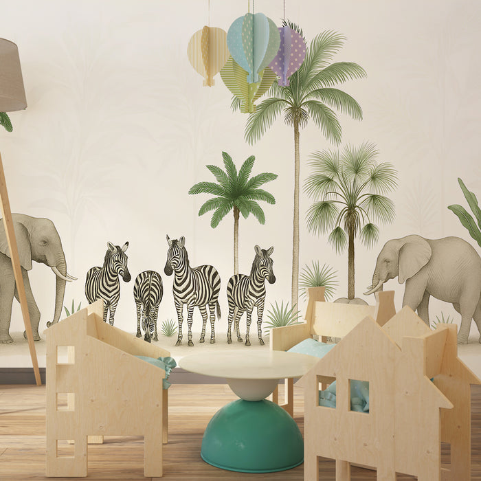 Papier peint chambre enfant | Élégance de la savane avec éléphants et zèbres