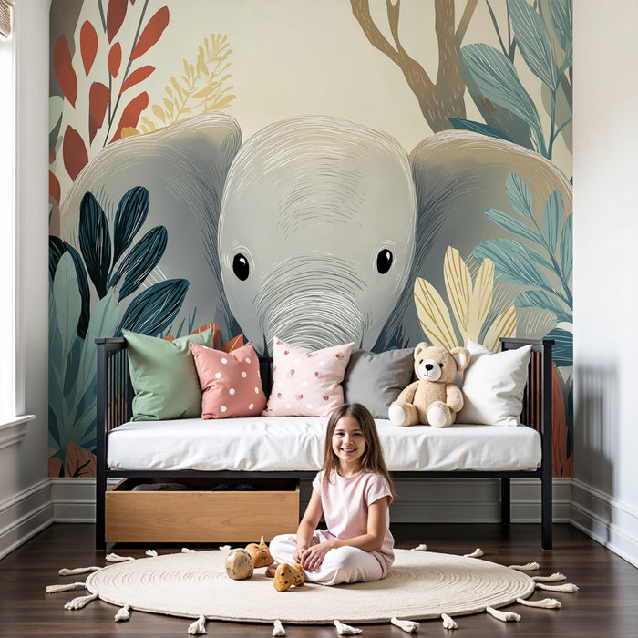 Papier peint chambre enfant | Élégant éléphant au milieu de la jungle