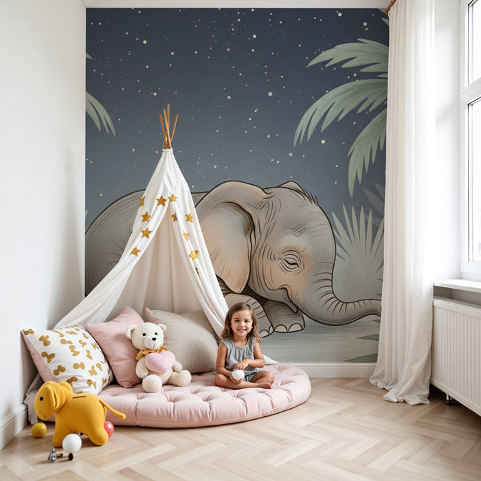 Kids room wallpaper | Elegant elephant under the stars