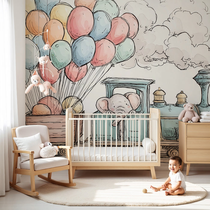 Kids room wallpaper | Elegant train with balloons featuring an elephant