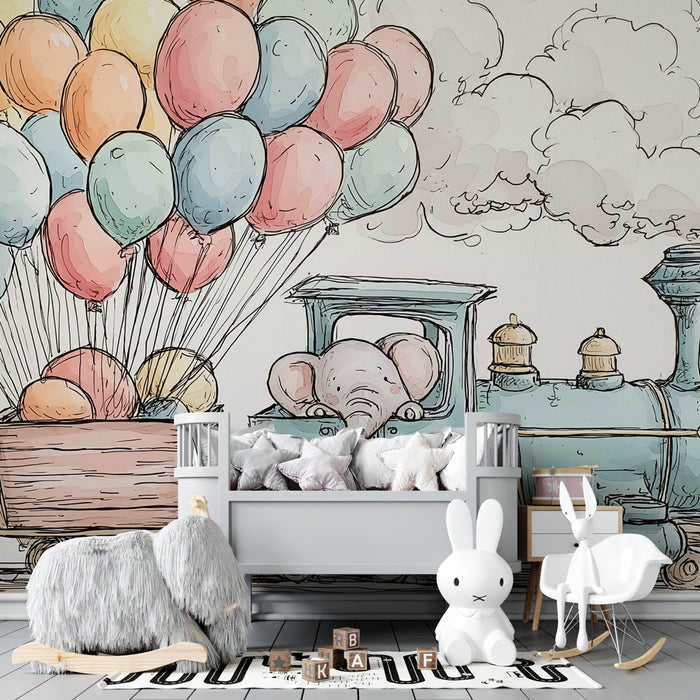 Papel pintado infantil | Elegante tren con globos con un elefante