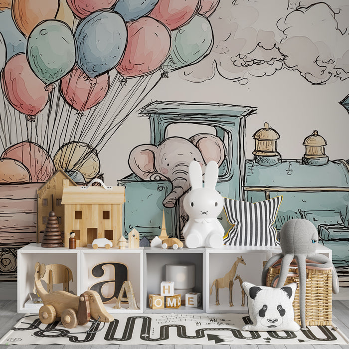 Papel pintado infantil | Elegante tren con globos con un elefante