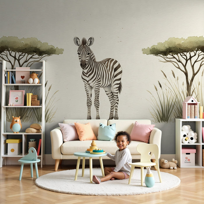 Papier peint chambre enfant | Élégante girafe et paysages d'Afrique