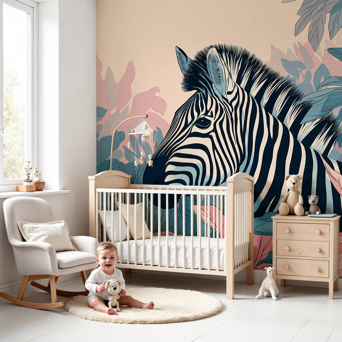 Papier peint chambre enfant | Élégante zebra au milieu de la jungle