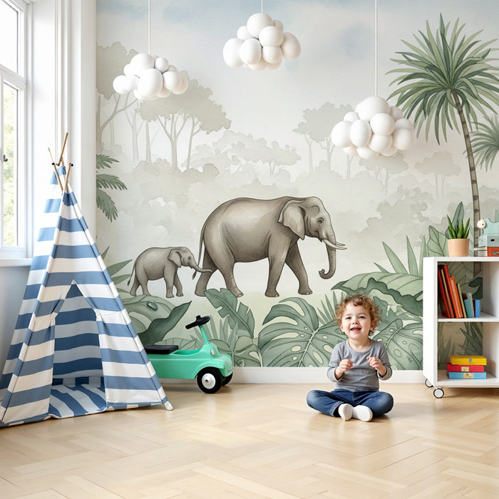 Papier peint chambre enfant | Élégants éléphants dans la jungle