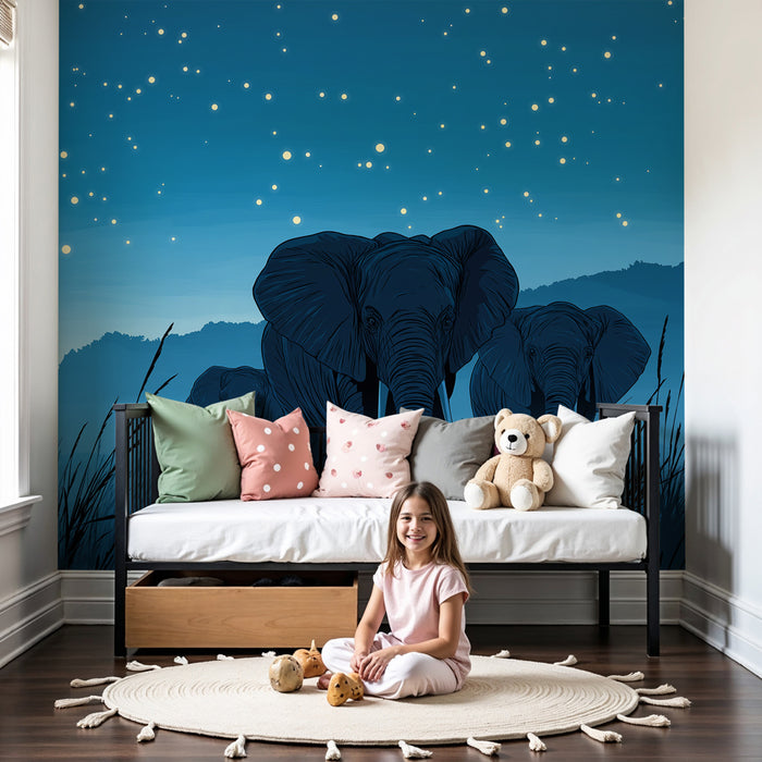 Papier peint chambre enfant | Élégants éléphants sous les étoiles