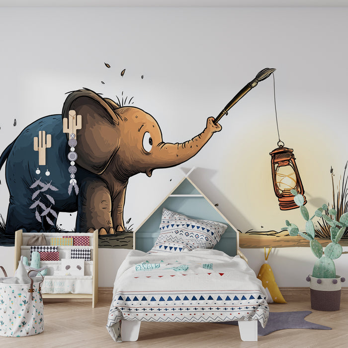 Tapet barnerom | Nysgjerrig elefant og lysende lampe