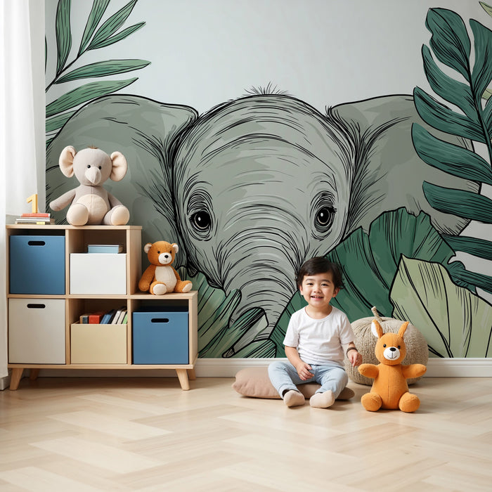Kids room wallpaper | Curious elephant among the foliage