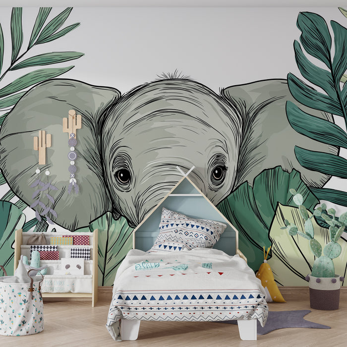 Papier peint chambre enfant | Éléphant curieux parmi les feuillages