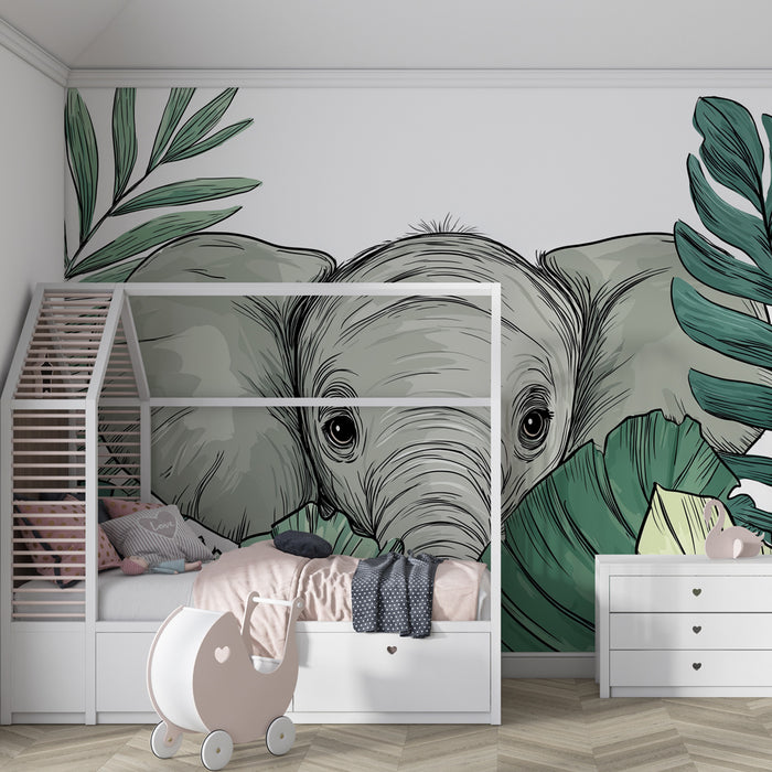 Papier peint chambre enfant | Éléphant curieux parmi les feuillages