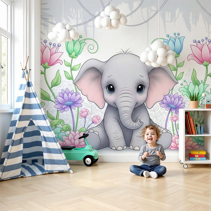 Kids room wallpaper | Soft elephant in the middle of flowers