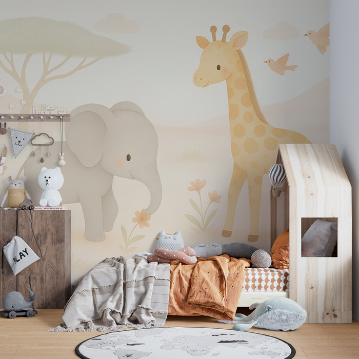 Papel pintado infantil | Elefante y jirafa en el jardín