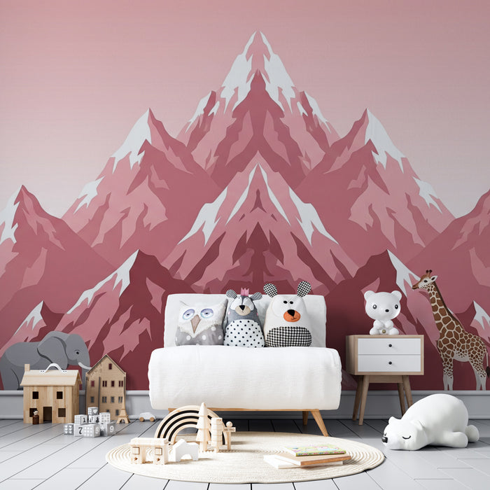 Papier peint chambre enfant | Éléphant et girafe dans un paysage montagneux