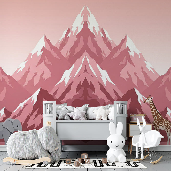 Papier peint chambre enfant | Éléphant et girafe dans un paysage montagneux