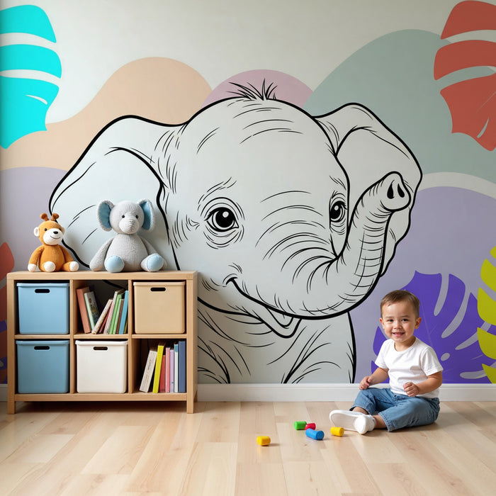 Kids room wallpaper | Õnnelik elevant troopiliste lehtede keskel