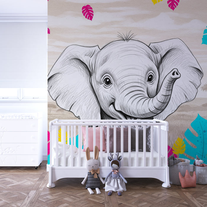 Kinderzimmer Tapete | Fröhlicher Elefant und bunte Dschungel